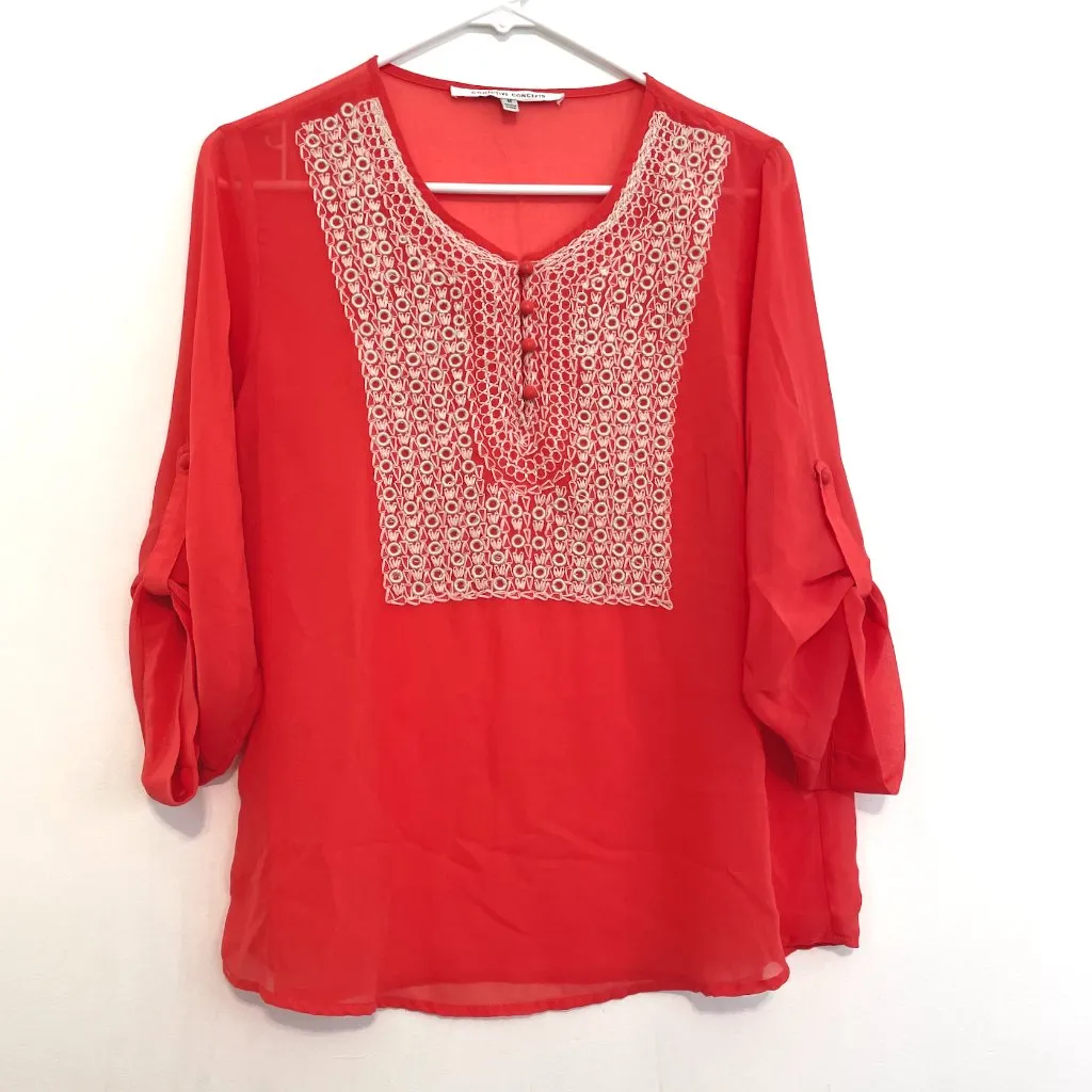 COLLECTIVE CONCEPTS STITCH FIX Coral Orange Red Embroidered 3/4 Sleeve ? Blouse - Image 2