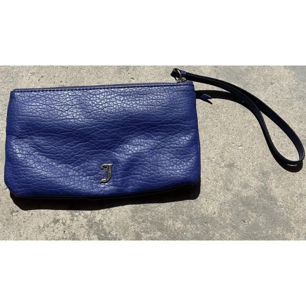 Juicy Couture Blue Faux Leather Pouch Wristlet Wallet Clutch Purse Black Lining - Image 3