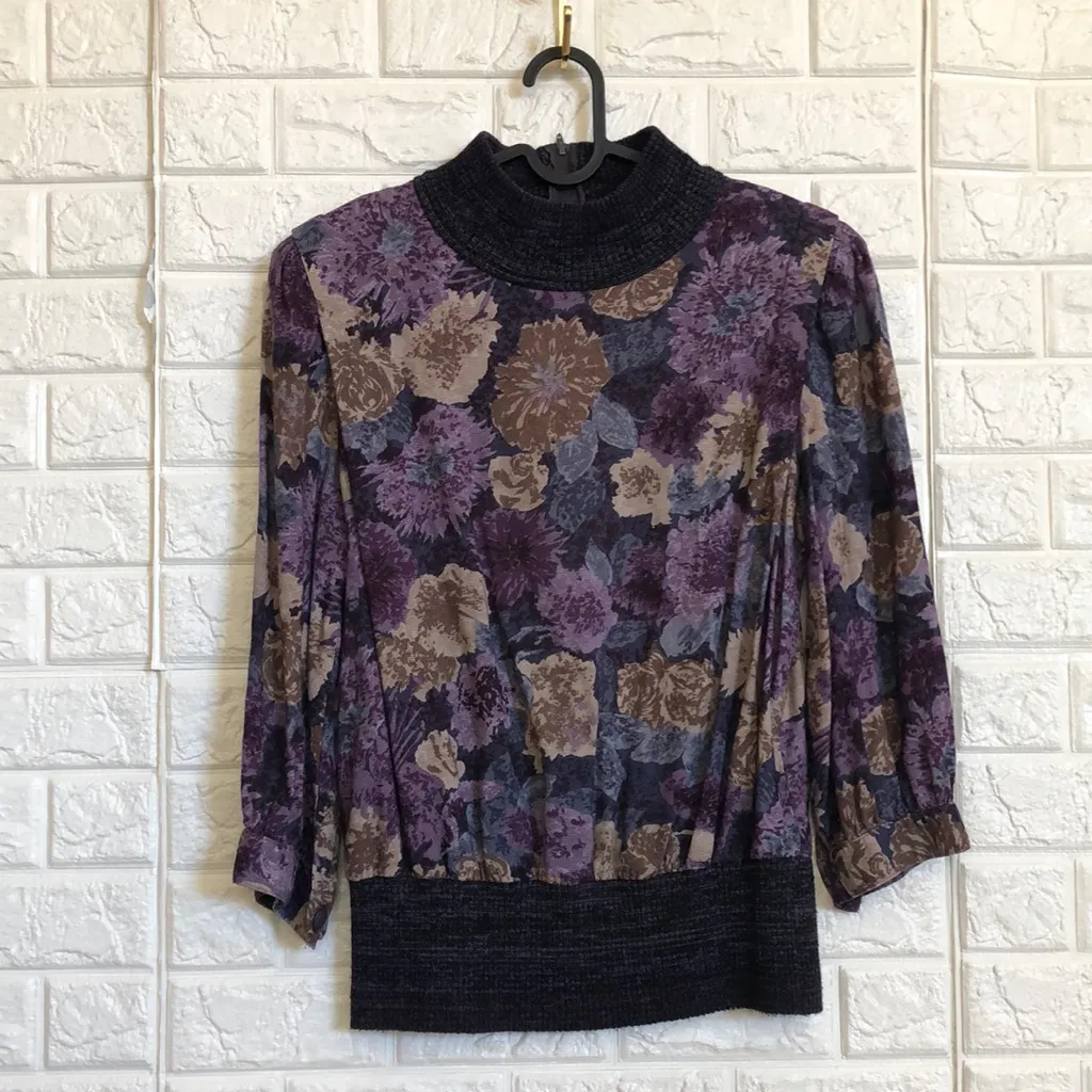 Vintage Leslie Fay floral knit mock neck ribbed waist‎ 3/4 sleeve blouse s/m - Image 2