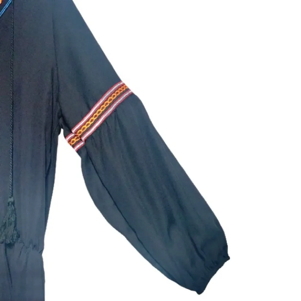 Misslook Black Long Balloon Sleeve Boho Embroidered Tassel Peasant Dress - Image 4