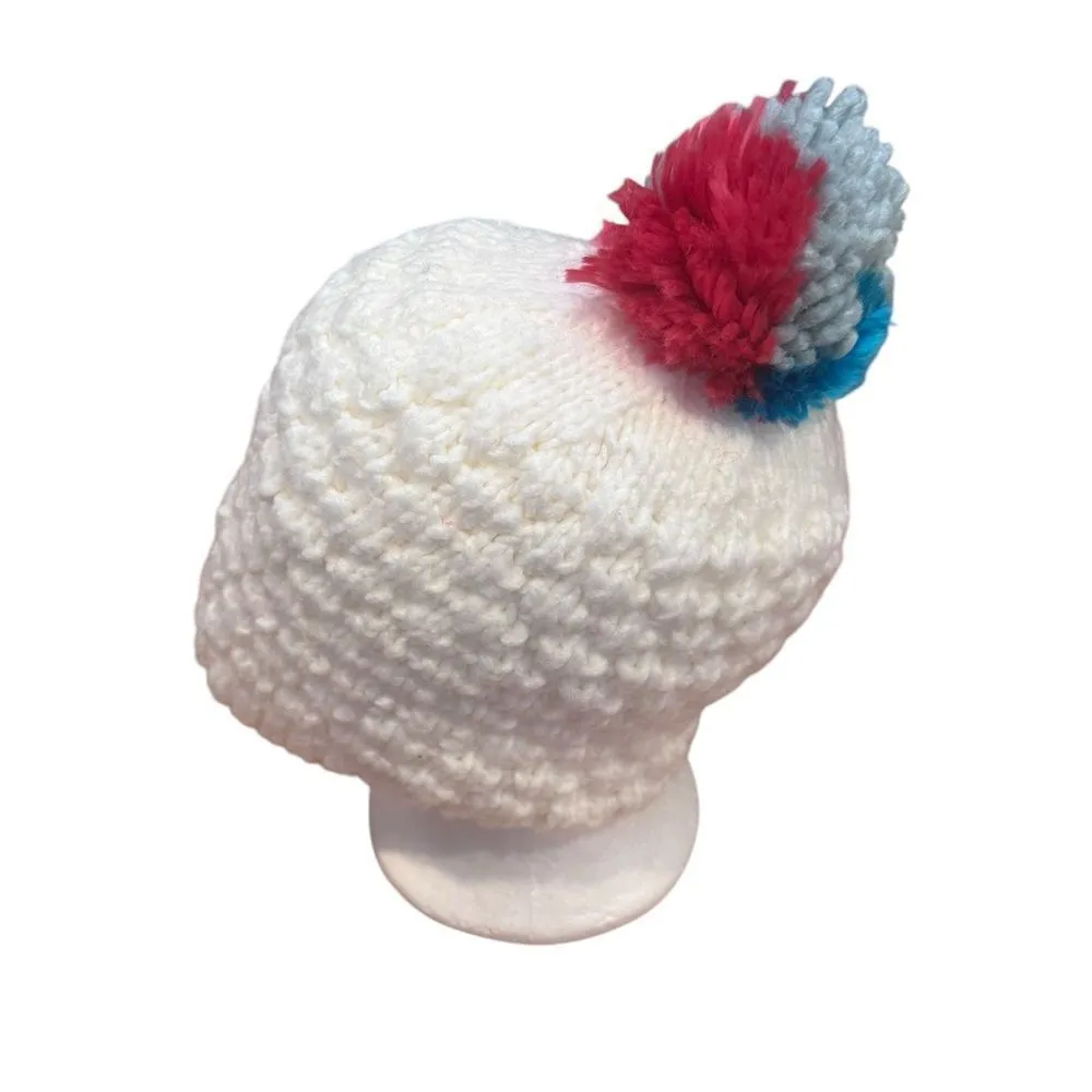 Burton White Knit Cap Pink Blue Pom Pom - Image 2