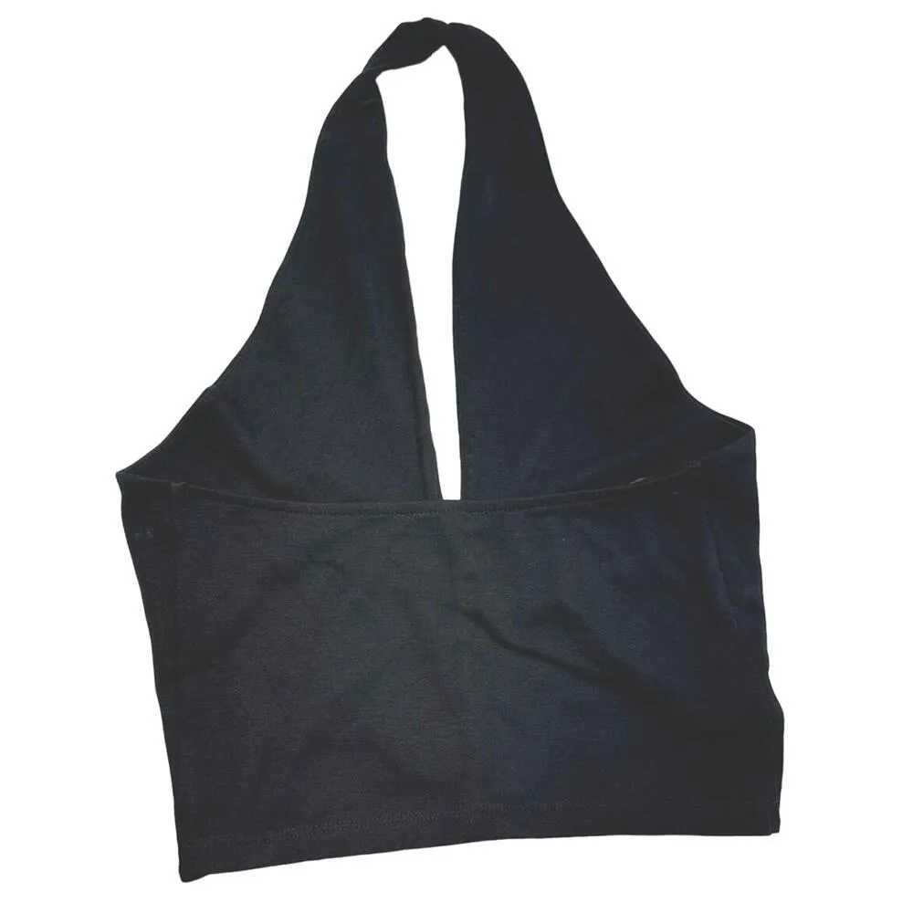 Zara Black Deep V-Neck Halter Crop Top Low Back NWOT Womens Juniors Medium - Image 2