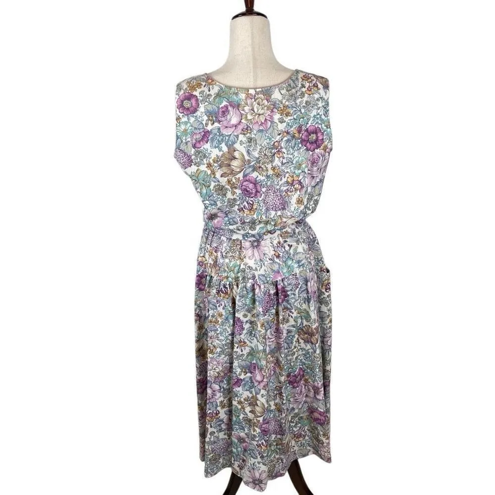 Vintage New Looks Granny floral wide strap belted sundress womens*16 Modest Boho Purple - Image 8