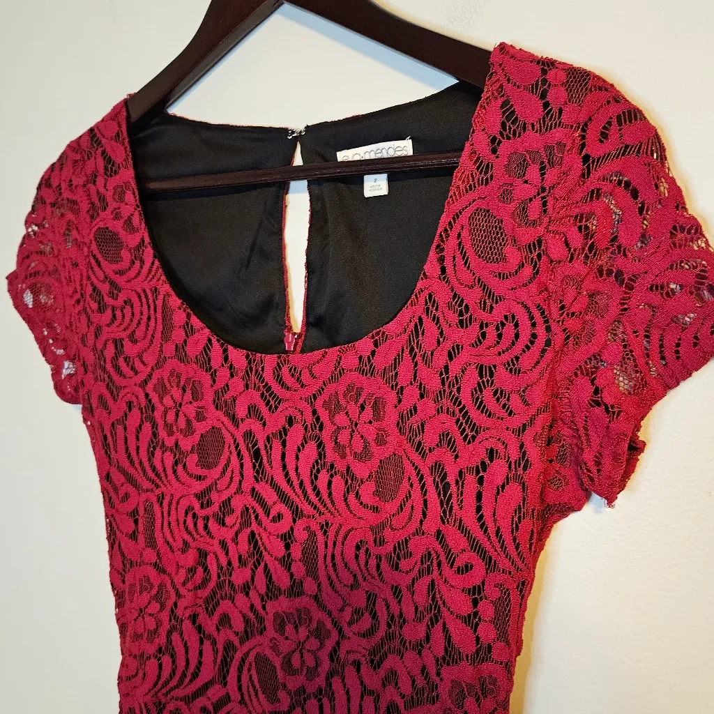 Eva Mendes Dress New York & Company Red Lace Bodycon Black Midi Cocktail Party Size 2 - Image 4