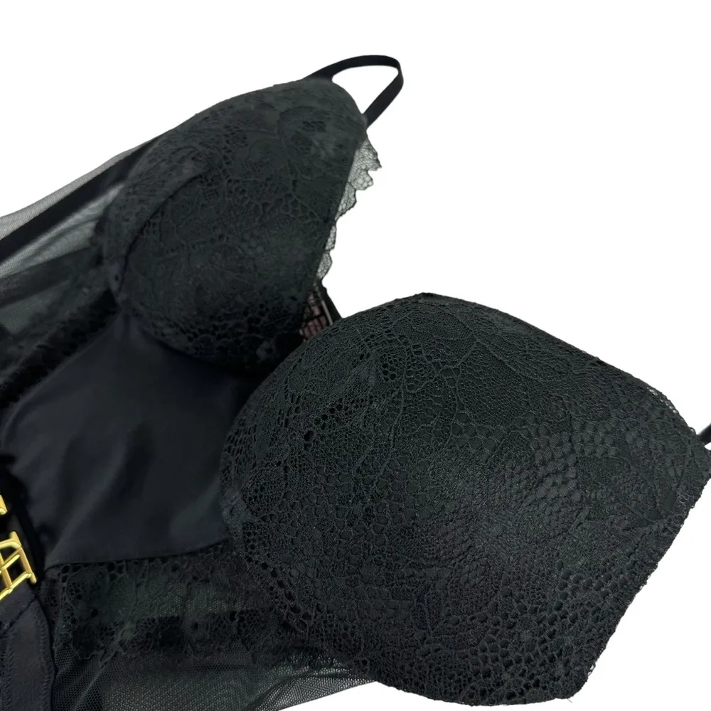 Victoria's Secret Lingerie Teddy one-piece Bodysuit Black Lace Gold Medium Sheer - Image 10