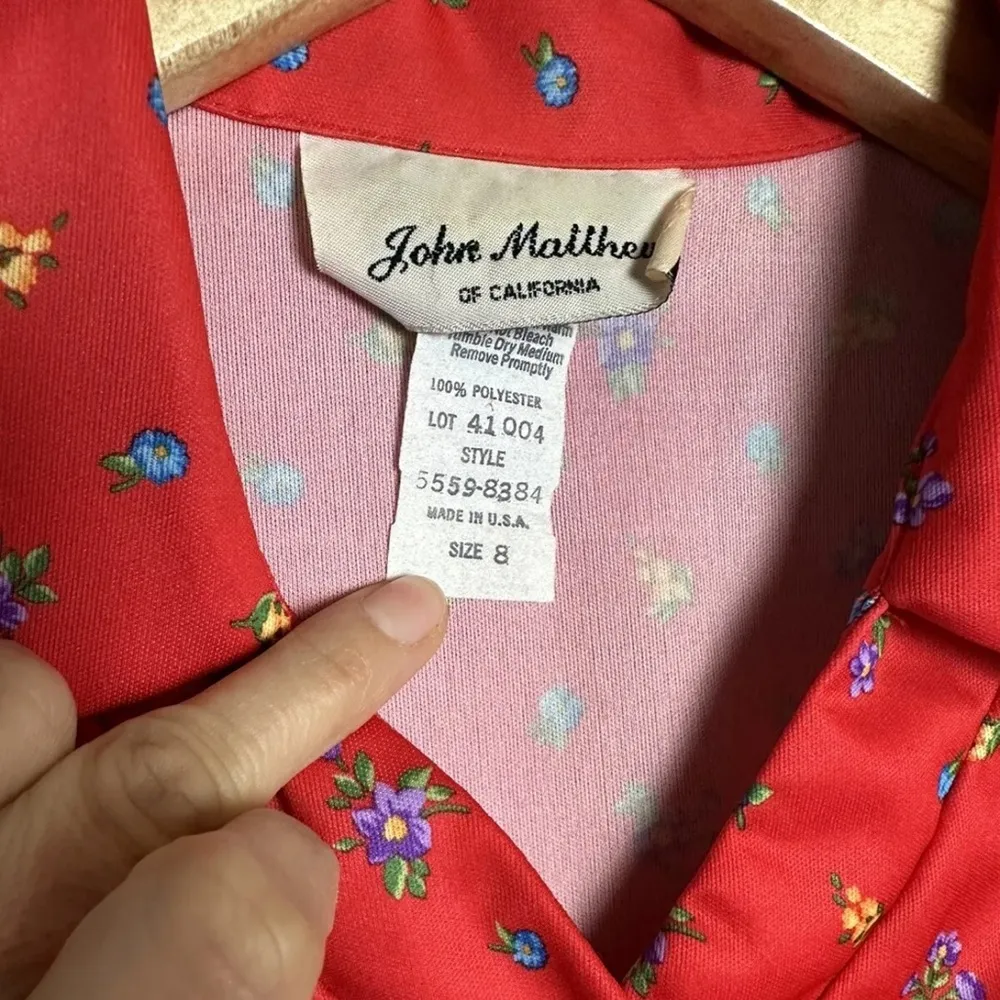 Vintage 80s John Matthew Floral V Neck Polo Shirt Size 8 - Image 3