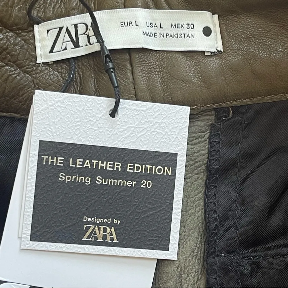 ZARA Genuine Leather Bermuda shorts Wide leg Culottes Pants Cropped Khaki Sz L - Image 5