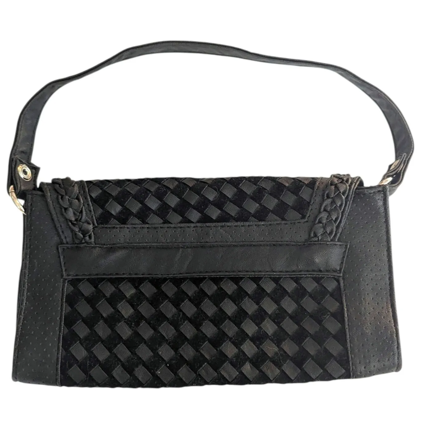 Vintage Y2K Black Leather Woven Hobo Mini Shoulder Bag Boho - Image 3