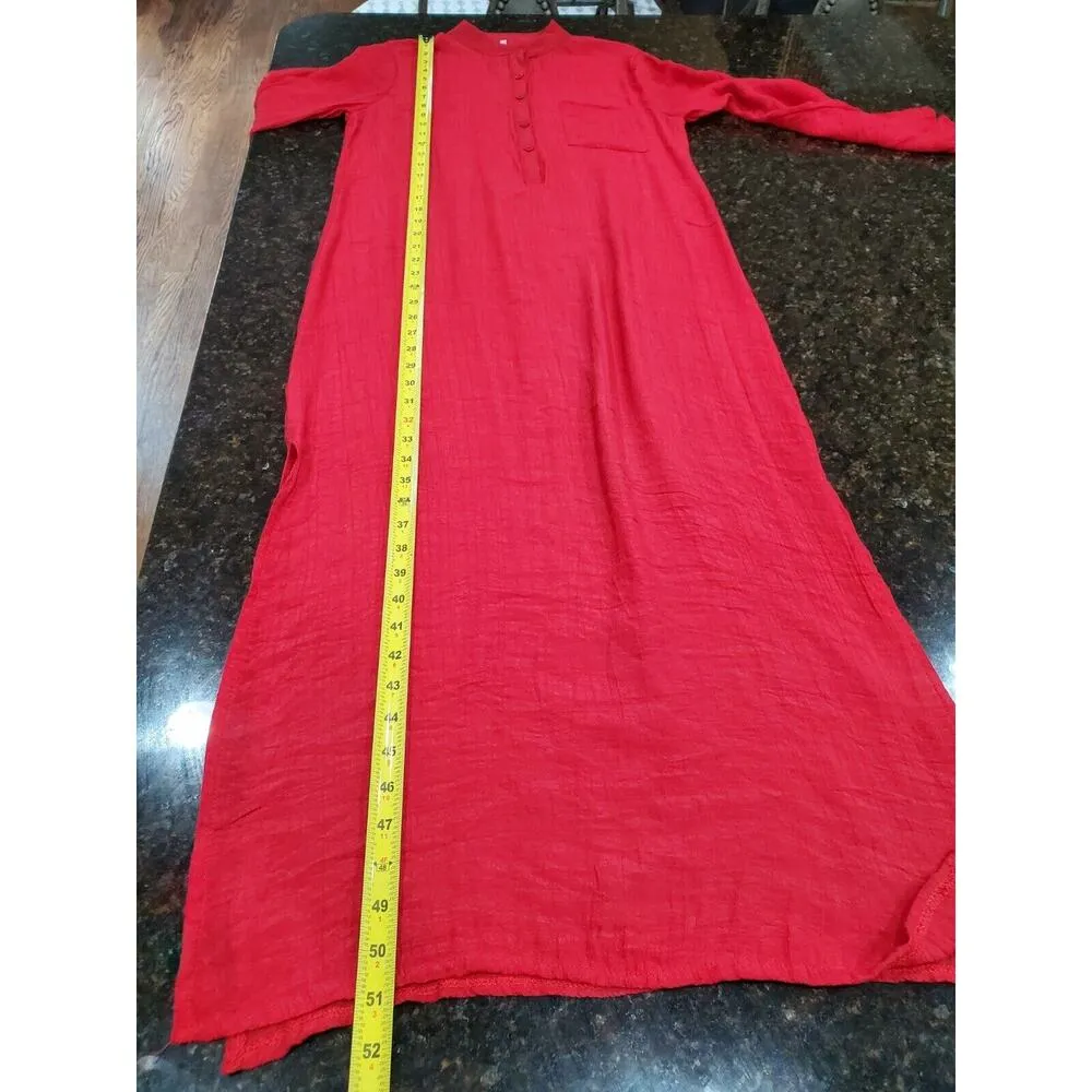 Women's Solid Red Polyester Long Sleeve Button Front Down Long Casual Maxi Dress Size 8 - Image 11