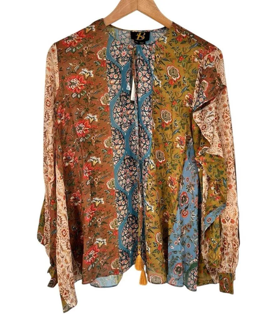 Sachin & Babi Anthro Boho Mixed Print Ruffle Trim Blouse Ties Tassels size XS - Image 2