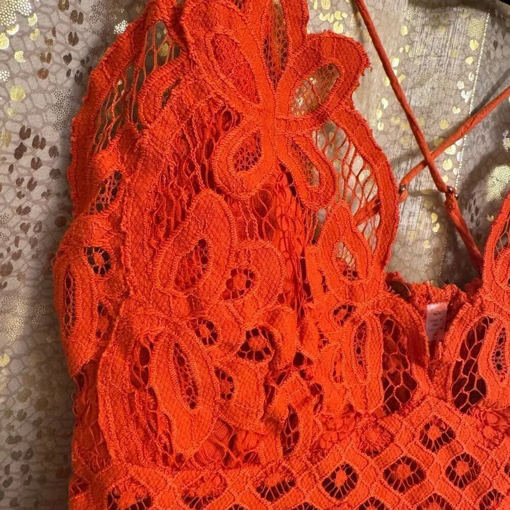 Free People One Adella Orange Longline Lace Smocked Bralette M - Image 3