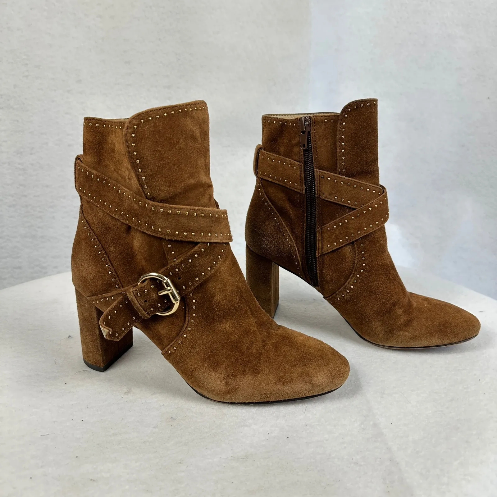 Ann Taylor Brown Suede Studded Buckle Ankle Boots Women 6M Block Heel‎ Moto Boho - Image 3