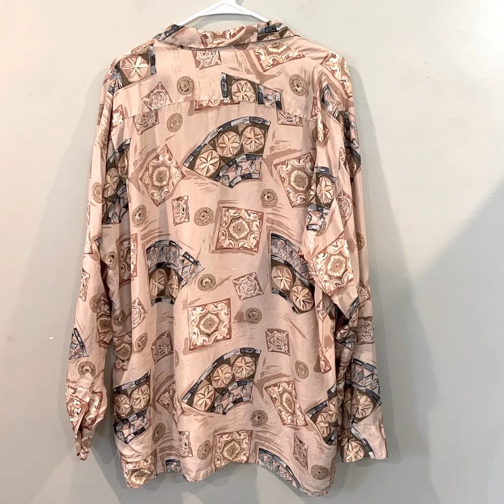 Vintage 60s Van Heusen for Her Beige Patterned Silk Button-Up Shirt Women’s XL - Image 2