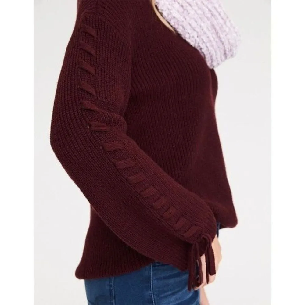 American Eagle Lace Up Sleeve Bell Sleeve V-Neck Ribbed Knit Sweater Top - Image 2