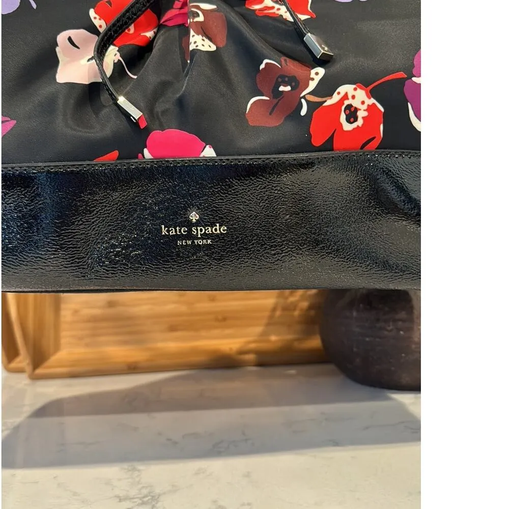 KATE SPADE black floral poppy print nylon patent leather satchel tote bow accent - Image 5