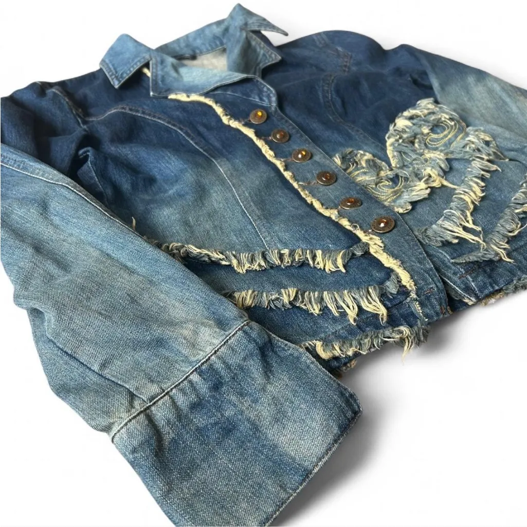 Stylish Blue Denim Jacket with Fringe Accents - Image 2