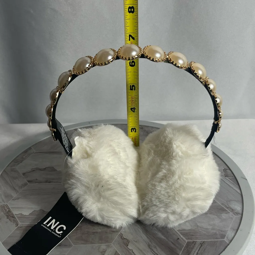 INC International Concepts Faux Fur Pearl Headband Earmuffs Ivory One Size NWT White - Image 9