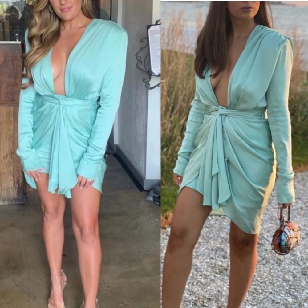 HOUSE OF CB‎ 'Pascale' Aqua Draped plunge Satin Mini Dress NWOT size M - Image 9