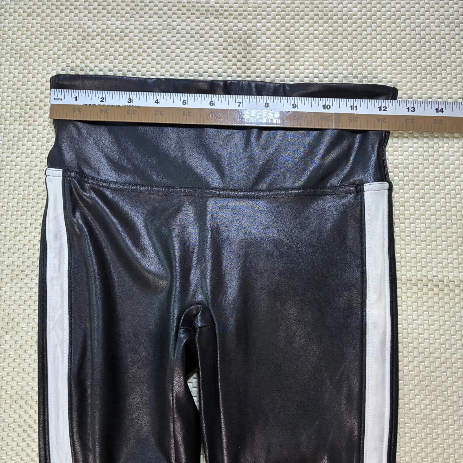 SPANX Black Faux Leather Shine Leggings White Stripe Side Detail Women's Small - Image 5
