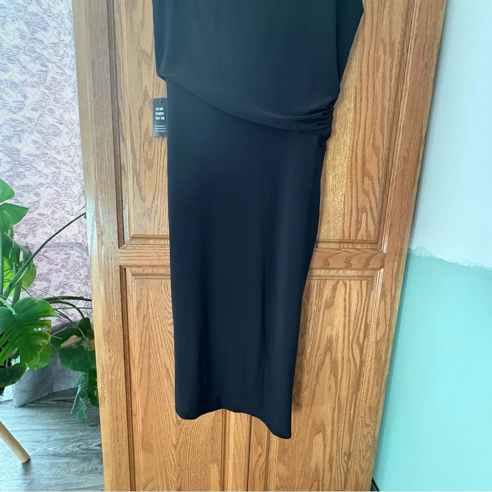 NWT Express Crew Neck Cap Sleeve Ruched Draped Midi Sheath Dress black XS - Image 7