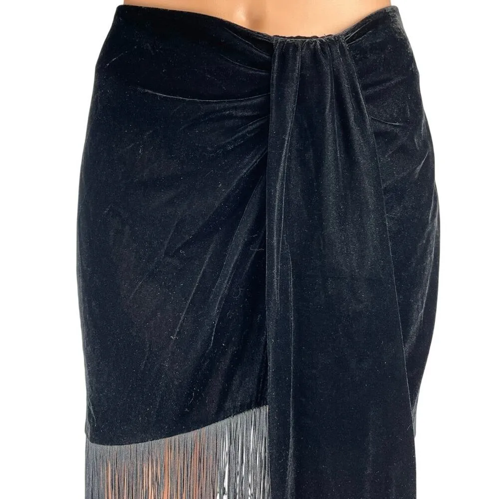 Zara Black Velvet Velour Fringe High Wasited Straight Pencil Wrap Mini Skirt M - Image 4