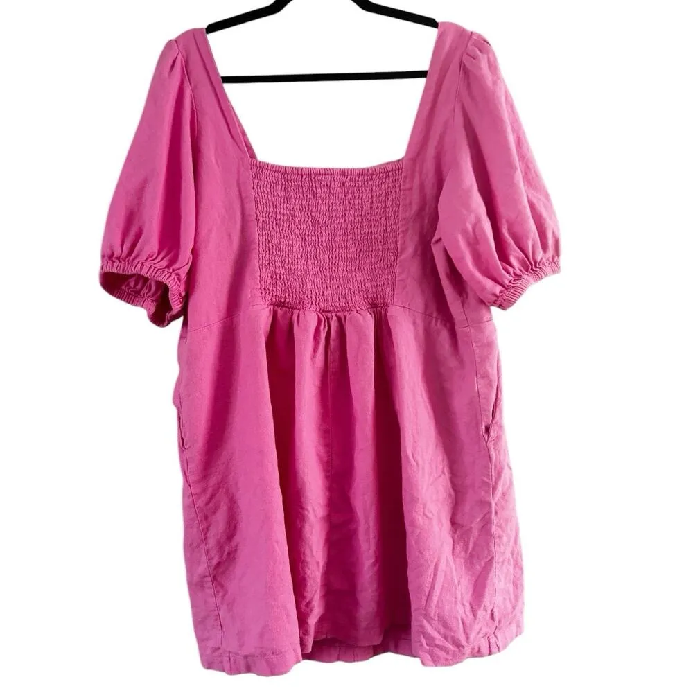 Old Navy Pink Button Front Smocked Puff Sleeve Dress Sz 2x Linen Blend - Image 2