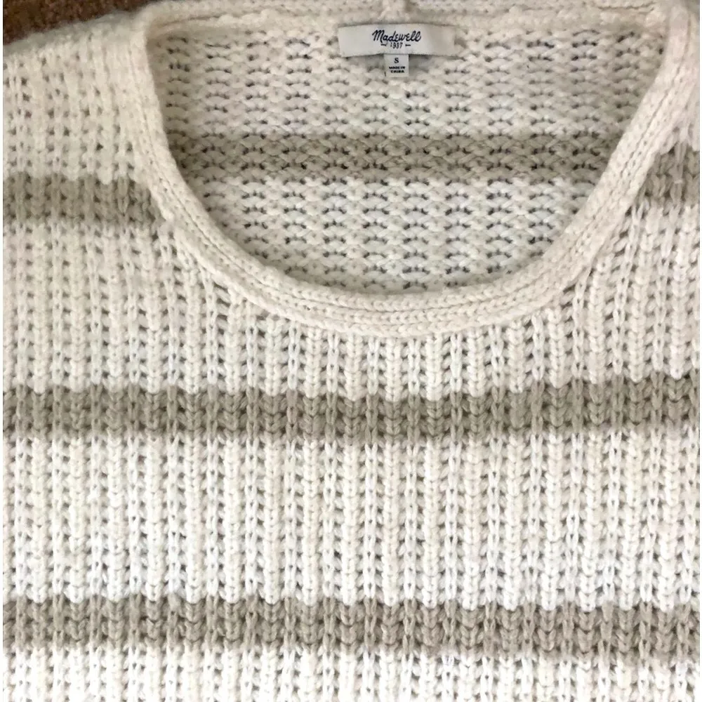ALPACA Cream Taupe Striped Wool Blend Sweater Sz. S With Fringe Casual - Image 3