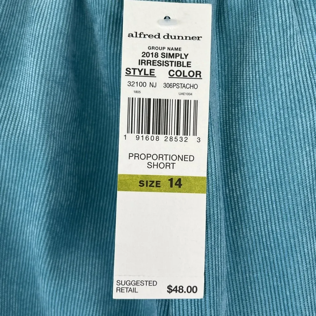 Alfred Dunner Sz 14 Short Classic Fit Pistachio Teal Blue Corduroy Pull On Pants - Image 5