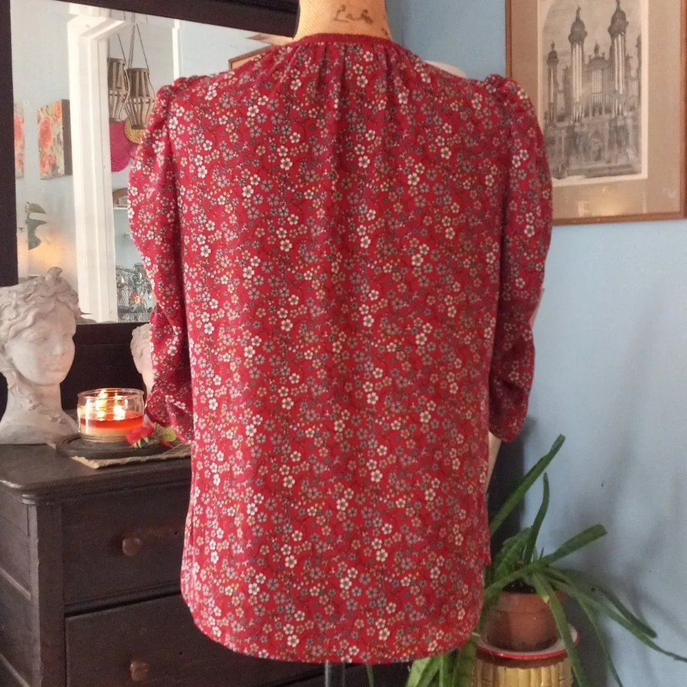 Max Studio Red Multicolored Floral Print Ruched Sleeve Blouse - Image 8