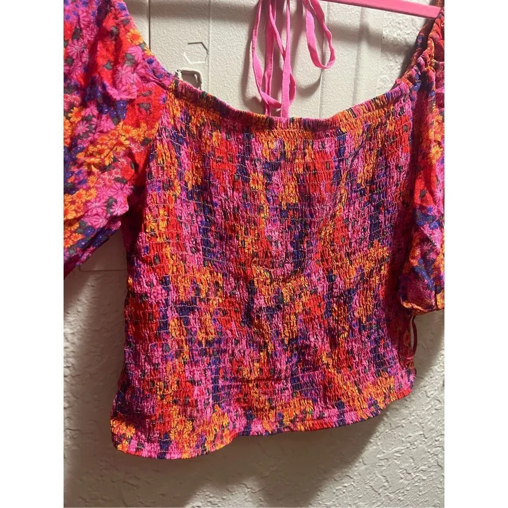 Free People Multicolored Floral Back On Top Shirt Woman’s Size Large NEW MSRP $9 - Image 5