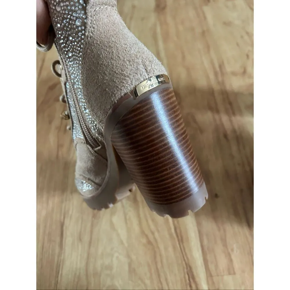 Michael Kors tan chunky heel sparkly boots leather suede size 6M New combat - Image 3