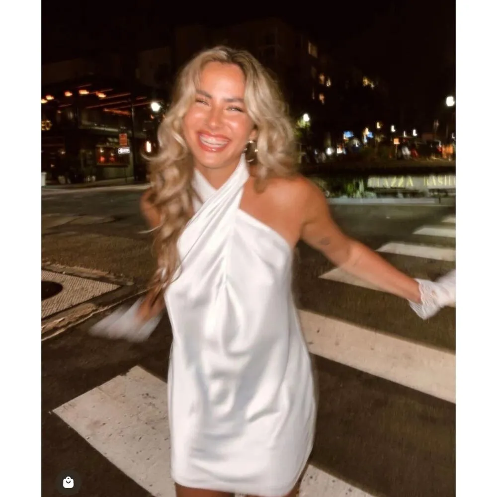 Show Me Your Mumu Jasmine Halter Mini Dress Ivory Luxe Satin M - Image 3