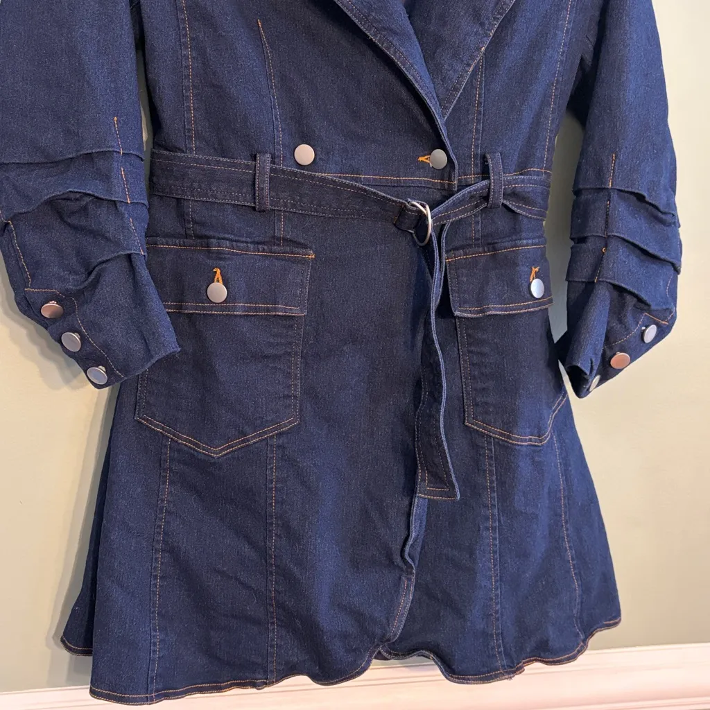 VICI Size Medium Dark Denim Belted Trench Coat Mini Dress - Image 5