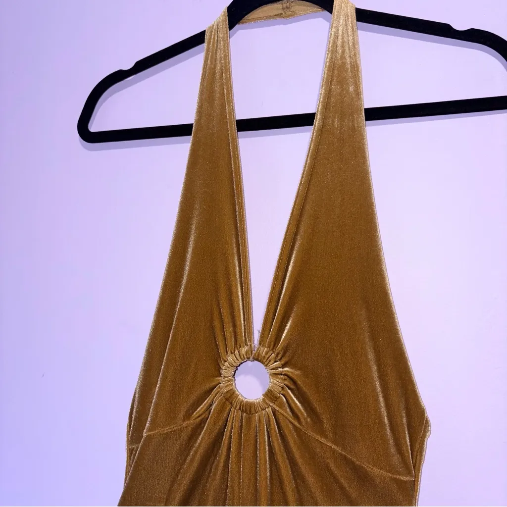 Vintage Velvet Halter Neck Wide Leg Pants Jumpsuit Women Size M Babydoll Retro Tan Size M - Image 3