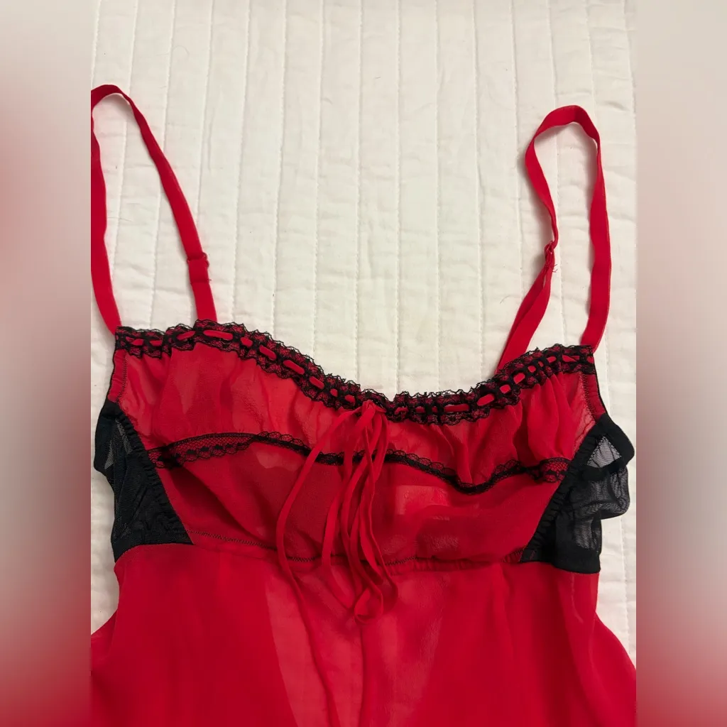 Y2K Victoria’s Secret Silk Chiffon Red Black Lace Milkmaid Slip Dress Chemise - Image 3