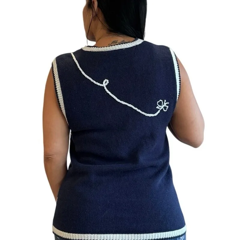 Vintage Knit Sweater Vest Floral Appliqué Cottagecore Boho farmcore Grandma M Blue Size M - Image 4