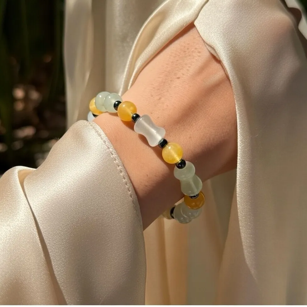 Handmade Bamboo Stem Tube Green Jade Yellow Jade Hematite Beaded Bracelet - Image 6