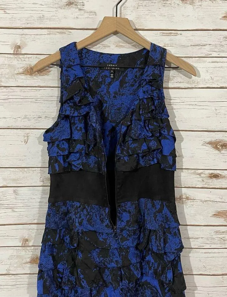 Robert Rodriguez Silk Tiered Sleeveless Dress - Blue/Black - 10 - Image 13