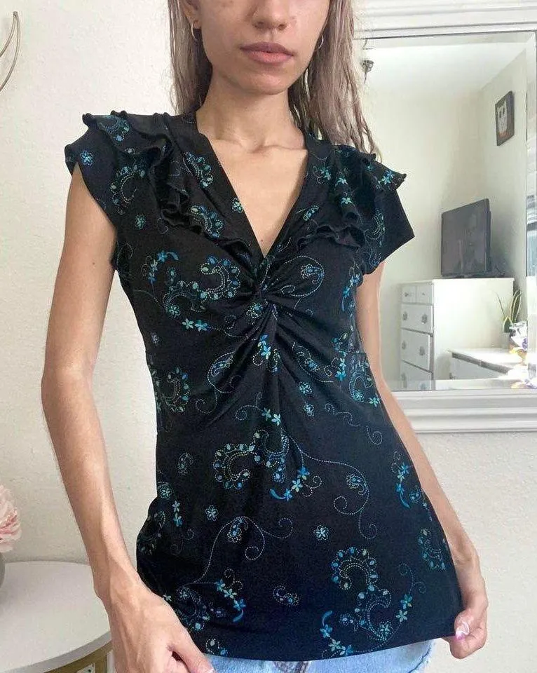 Y2k Black Floral Short Sleeve Coquette Blouse Top - Image 2