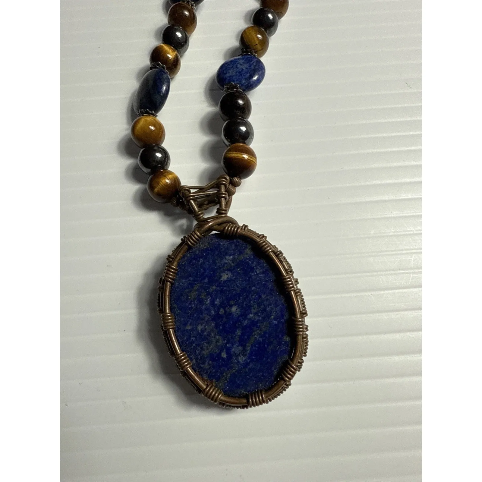 Handmade Tiger's Eye & Lapis Statement Gemstone Beaded Necklaces W Large Pendant Yellow - Image 2