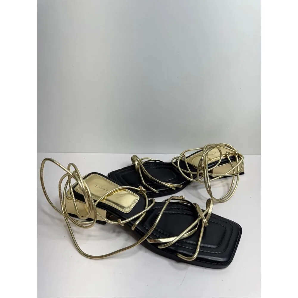 Top Shop‎ Ankle Wrap Sandals Size 6US Gold Black Square Toe Block Heel - Image 5