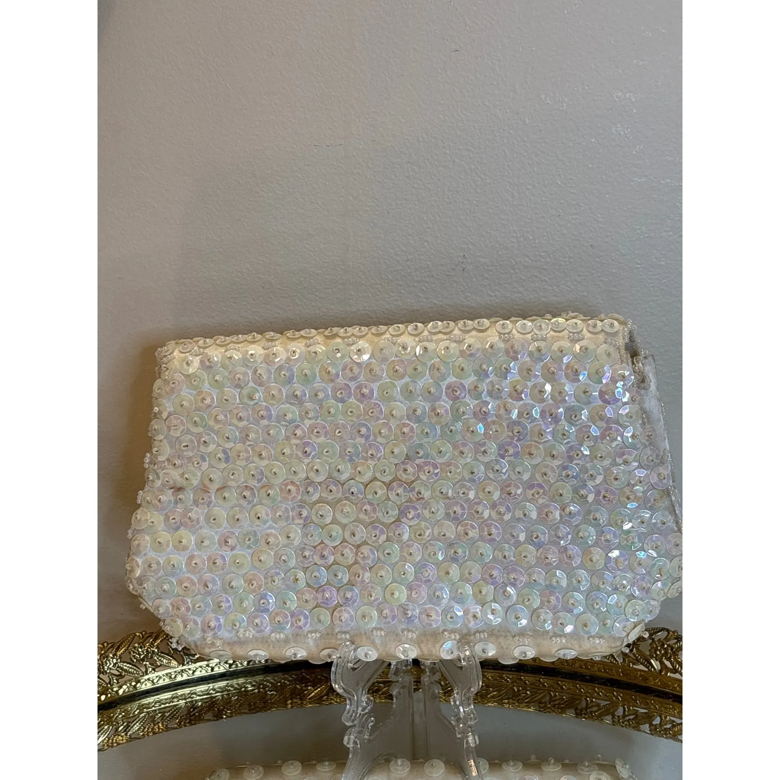 Glamorous White Beaded Sequin Clutch Evening Bag Formal Purse Fine Arts Bag - Image 8