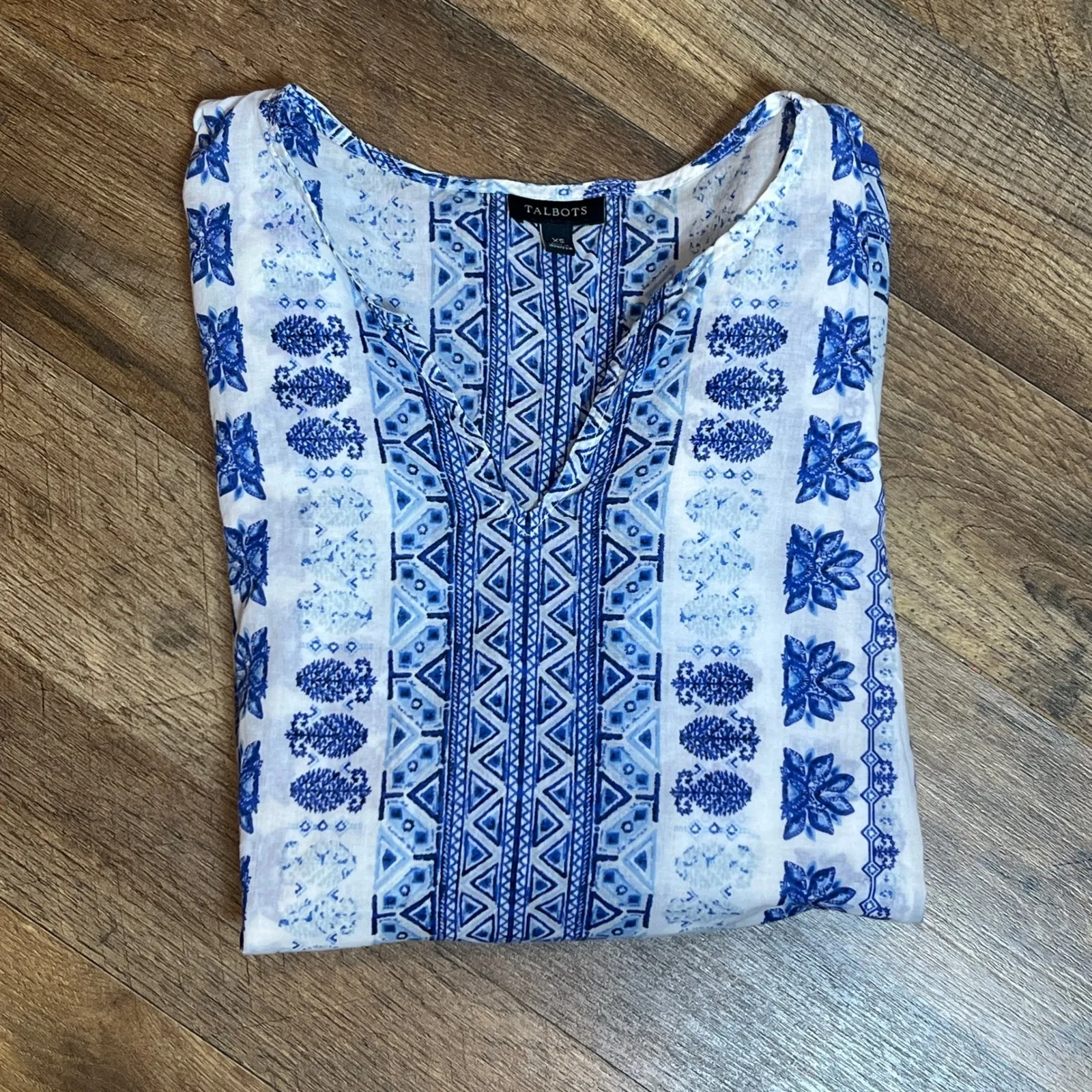 Talbots Women's XS Tunic Blouse Blue White Print 3/4 Sleeve Split Neck Top - Image 4