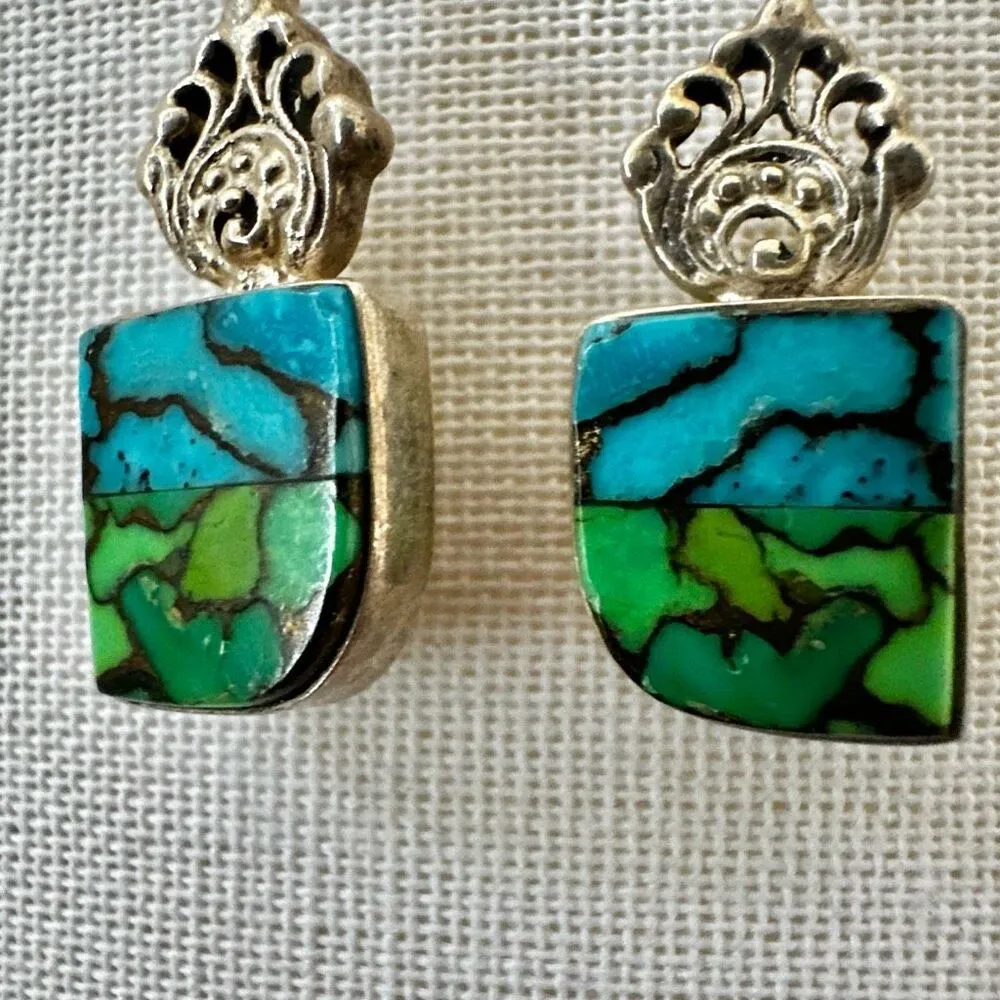 🌵 Sterling Silver Peacock Dahlia Turquoise Composite Inlay Earrings 🌵 - Image 3
