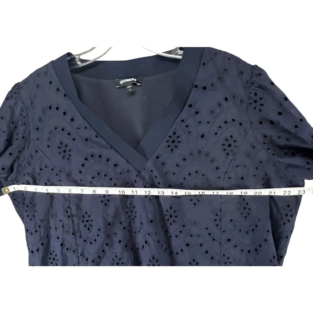 Express Tops Womens XL Navy Blue Cotton Eyelet V Neck Cottagecore Boho Feminine - Image 7