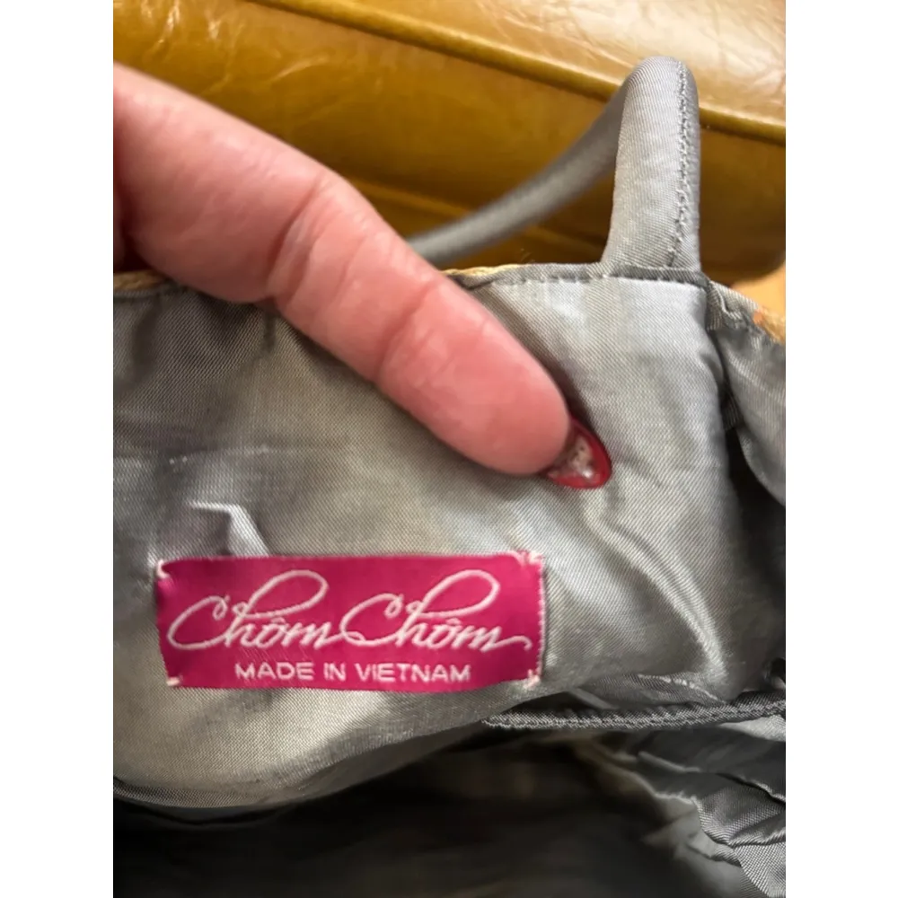 Vintage Chom Chom Drawstring Bag Small Gold Gray Floral - Image 4