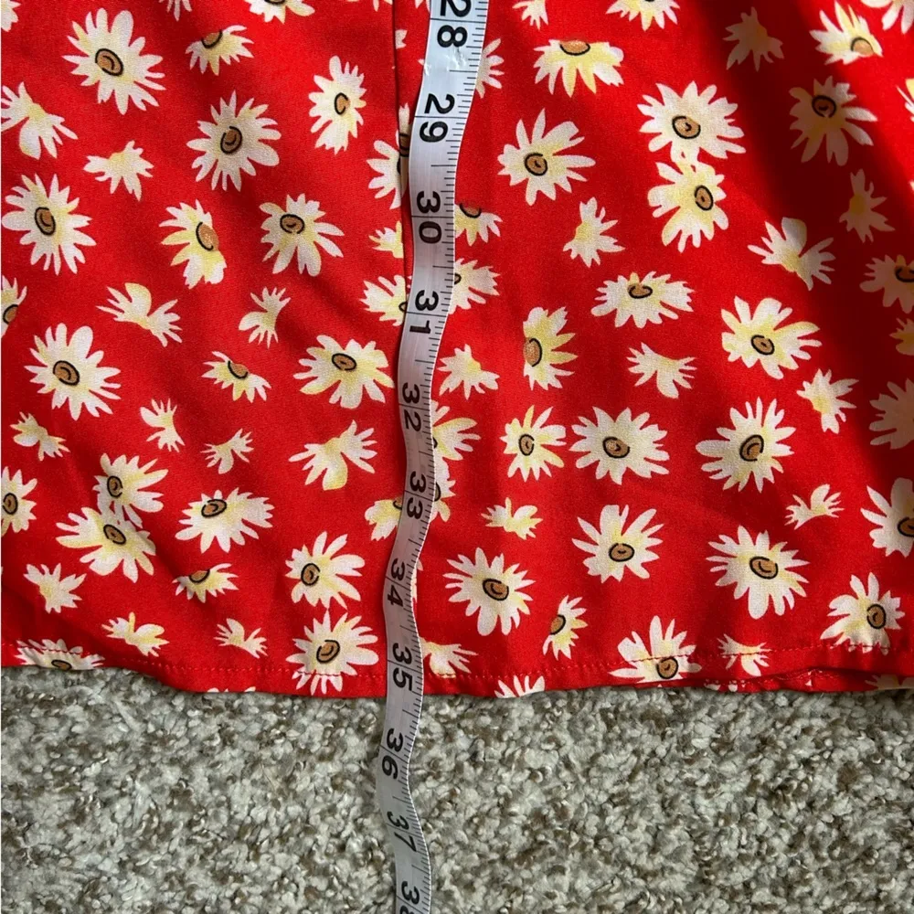 🦋 Shein Red Yellow Adjustable Tie Straps V-Neck Sunflower Floral Mini Dress - Image 6