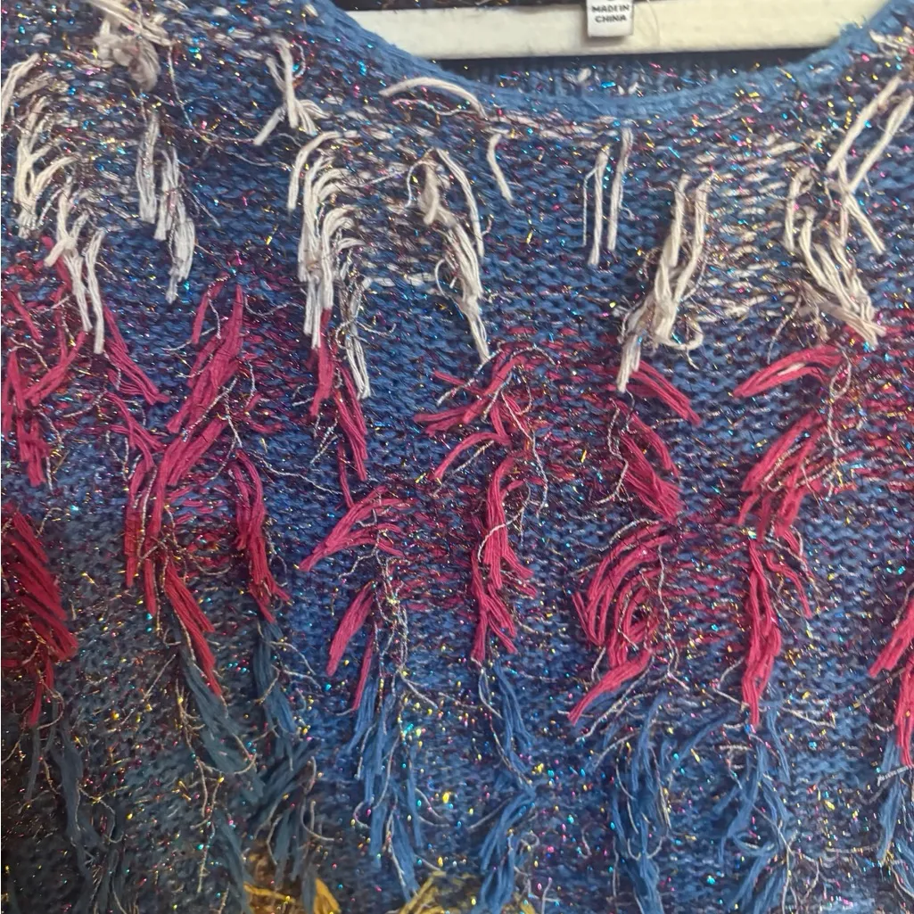 Ivory Rose Art Fringe Statement Sweater | Indigo Purple Festival Knit | S Blue - Image 5