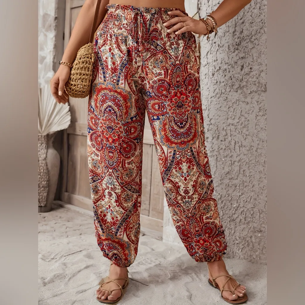 Boho Hippie Paisley Harem Pants Size Large Elasti Waist Festival NW Red - Image 2