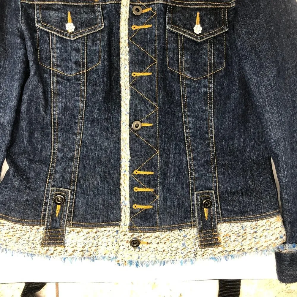 Cache  Denim Jacket Rhinestone Buttons Lined Boucle Tweed Top NWT $188 New - Image 3
